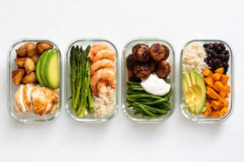 Four glass meal prep containers arranged in a row on a white surface, each filled with different balanced meals including chicken, shrimp, meatballs, and beans with vegetables and rice