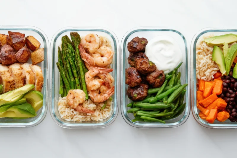 Four glass meal prep containers arranged in a row on a white surface, each filled with balanced meals of protein, vegetables and grains