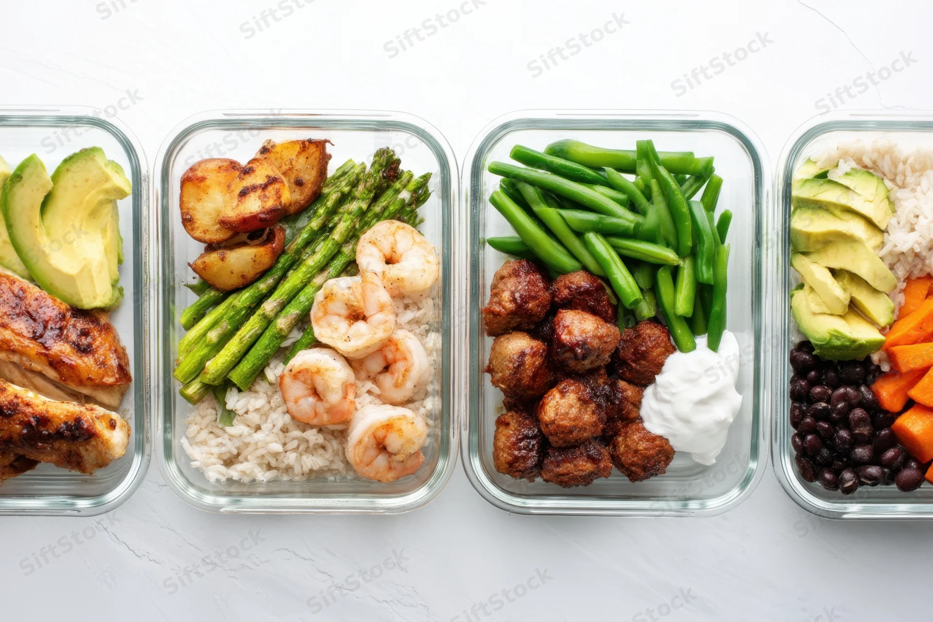 Four glass meal prep containers in a row filled with balanced meals on a white surface