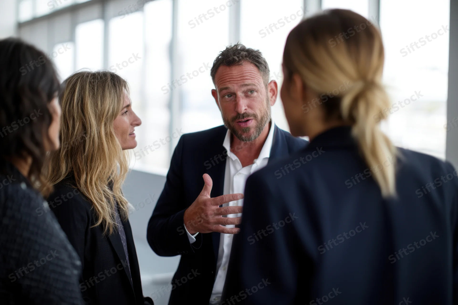 Man in dark suit discussing with three colleagues in modern office setting