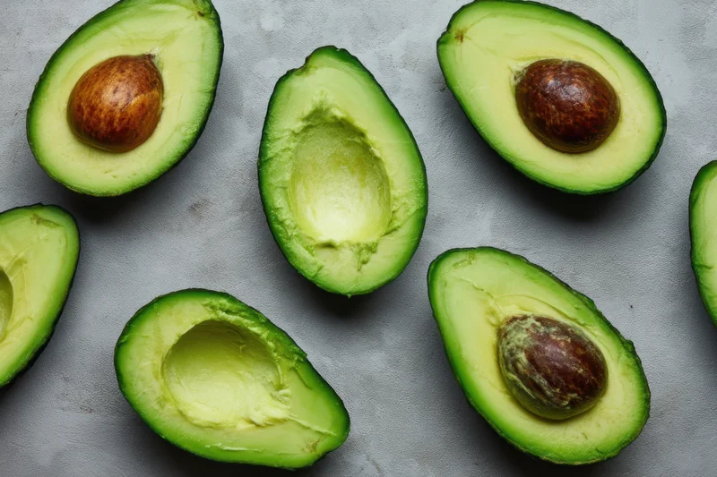 Halved avocados with pits on a gray surface