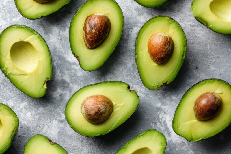 Halved avocados with pits intact arranged on a gray stone surface