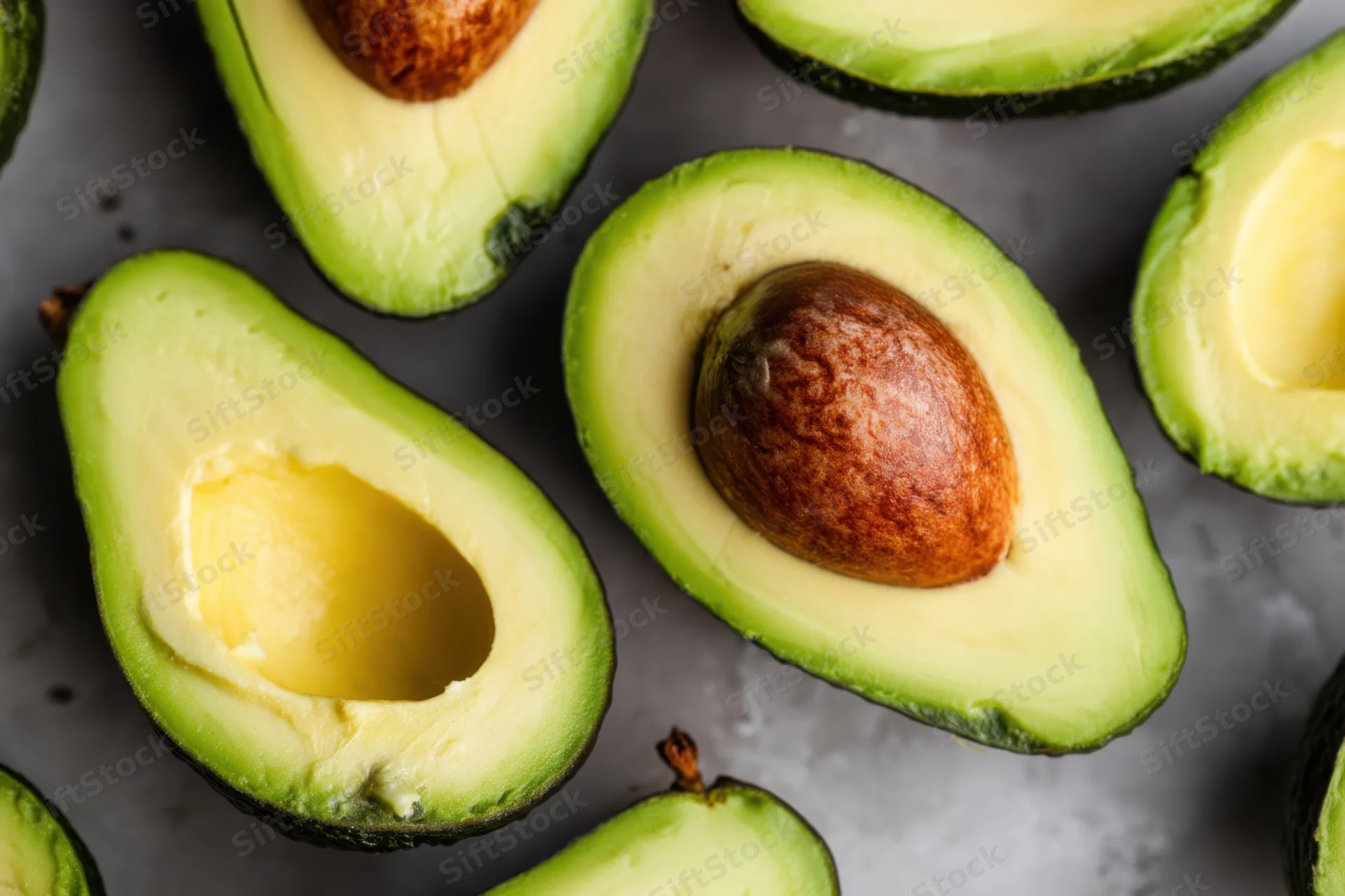 Halved avocados with pits on a gray surface