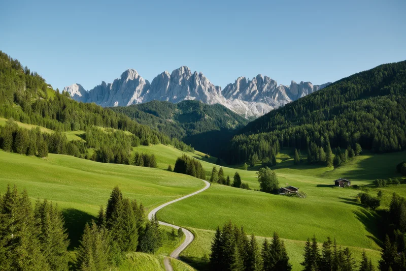 Jagged mountain peaks towering over a verdant valley with winding road and forested hills