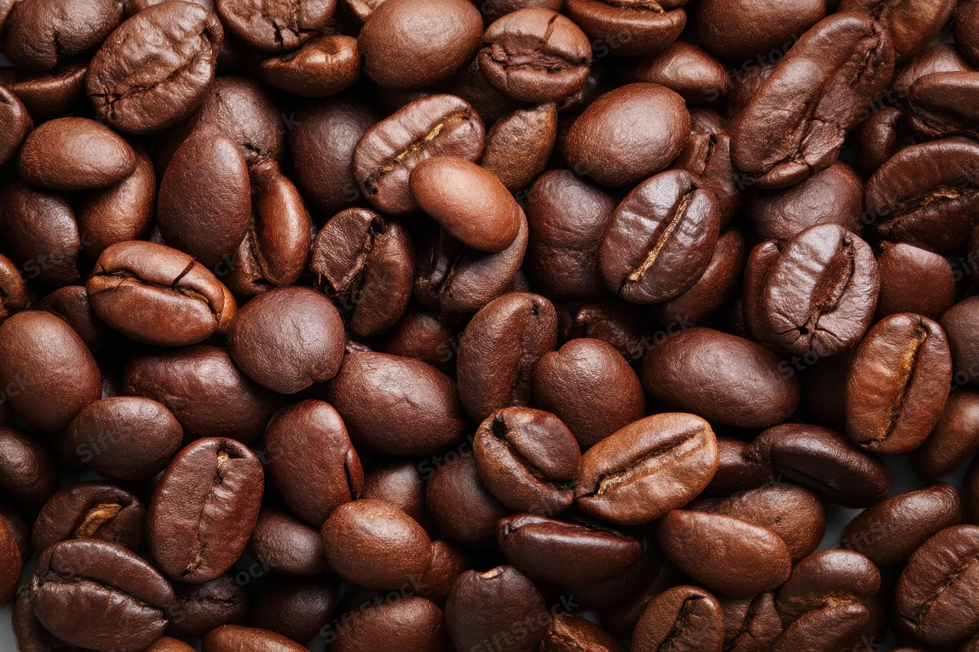 Roasted coffee beans filling the frame in closeup view