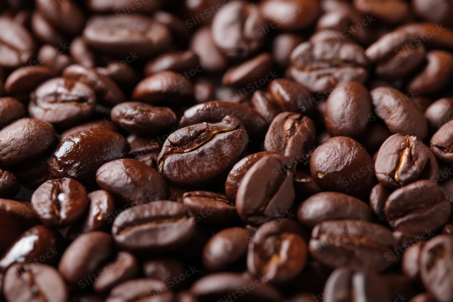 Closeup of roasted coffee beans filling the frame with glossy dark brown surface