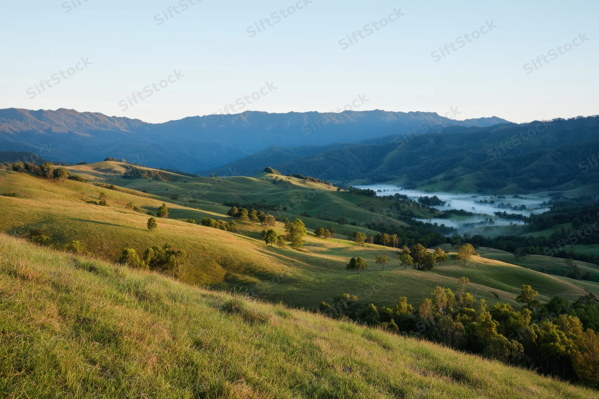 Rolling green hills under warm morning light with distant mountains and misty valley
