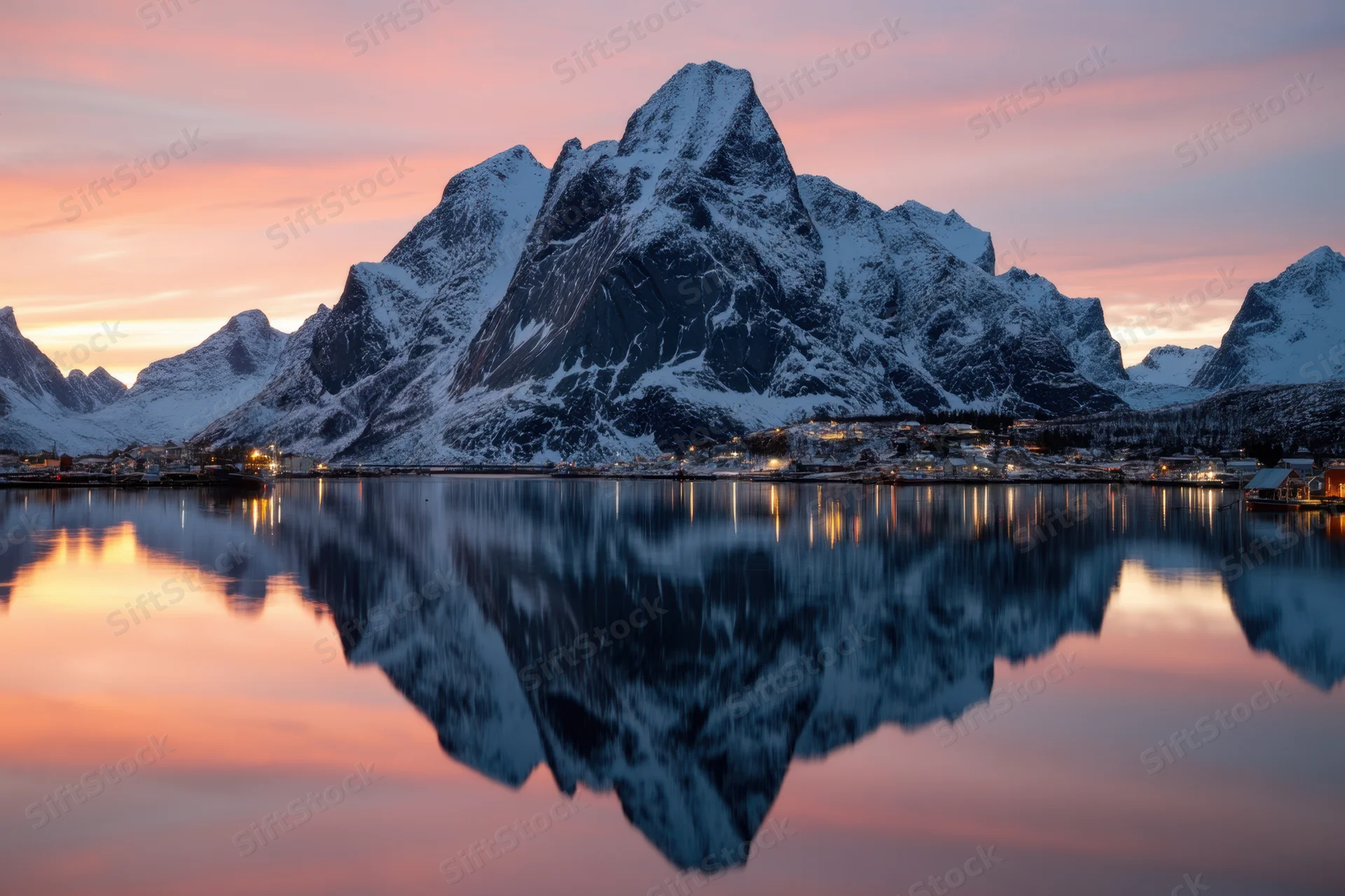 Snow-covered jagged mountains reflected in calm fjord water at sunset