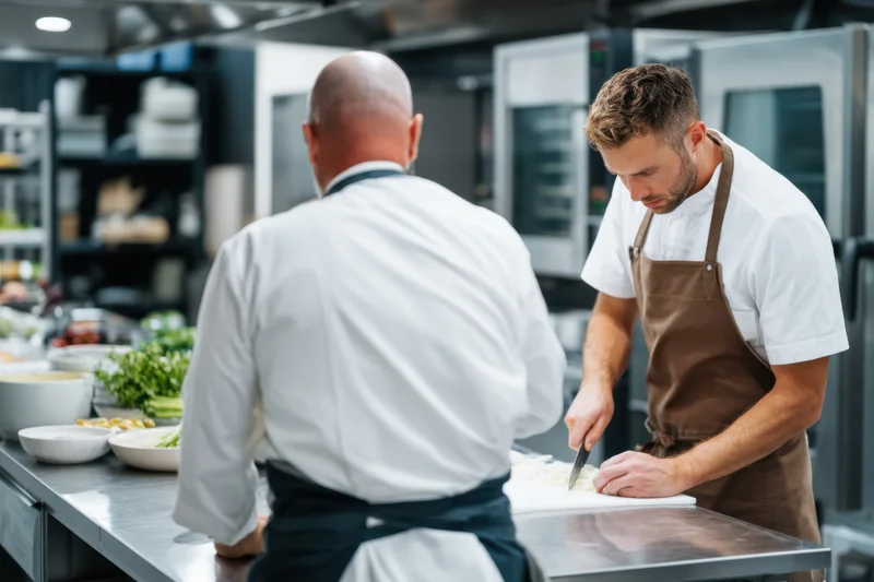 Two chefs preparing food in a modern professional kitchen