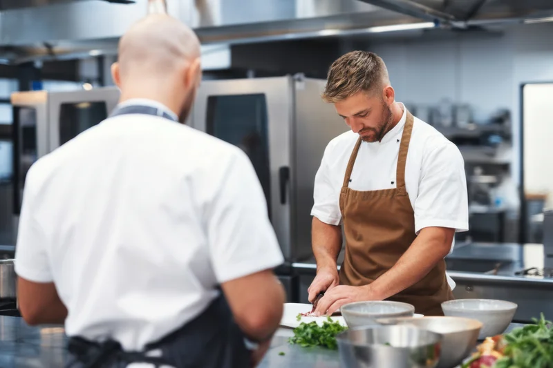 Chef cutting herbs on a stainless steel counter in a professional kitchen while another chef works nearby