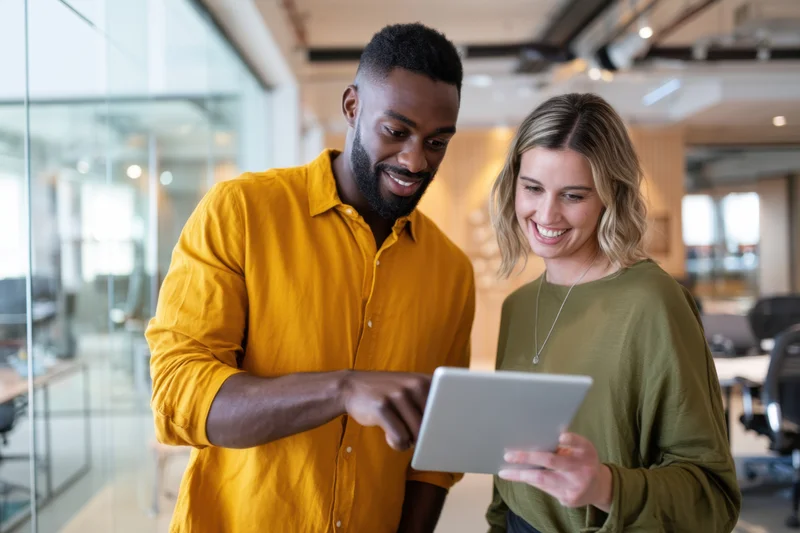 Two coworkers smiling while reviewing a tablet in an open-plan office