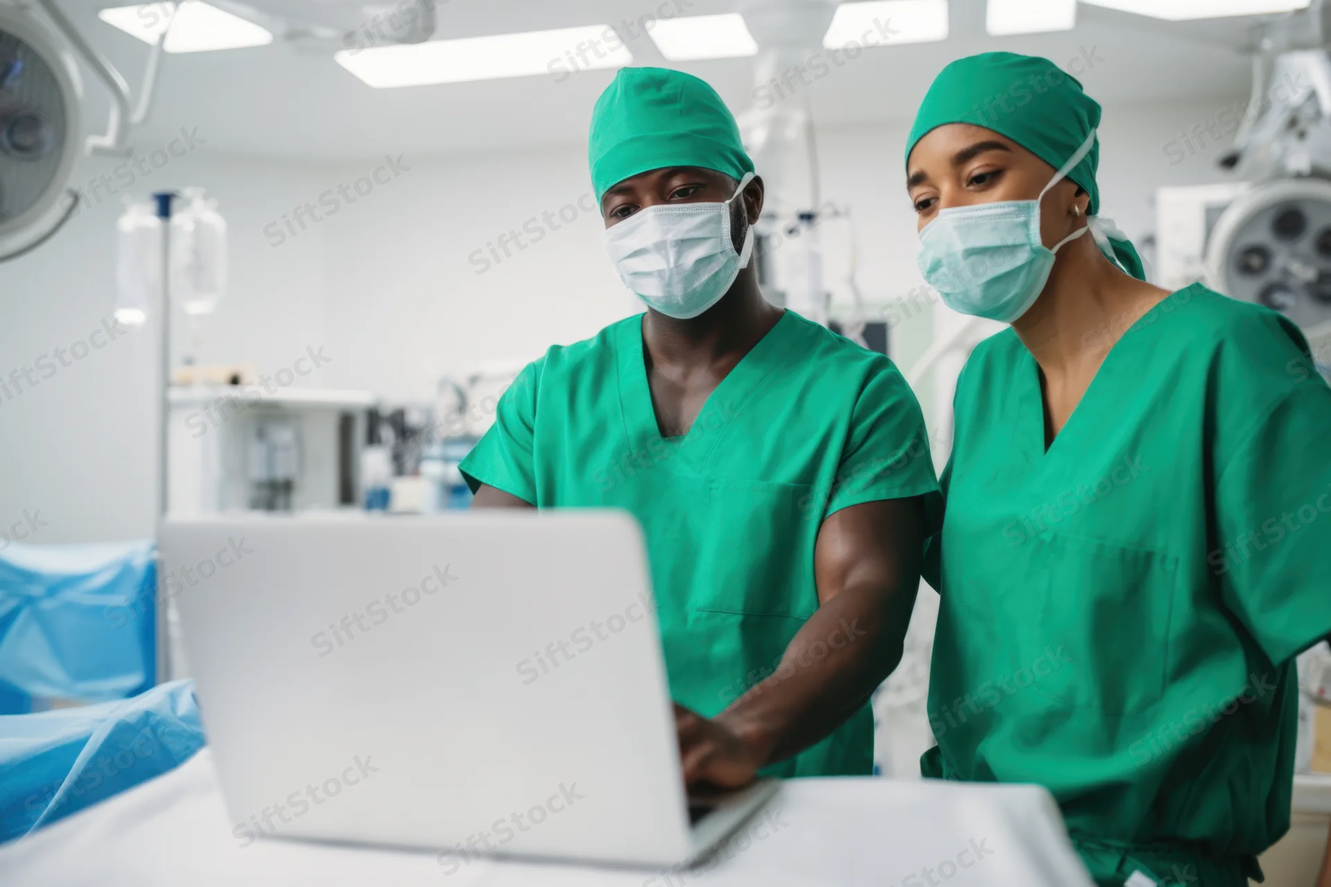 Two surgeons in green scrubs reviewing information on a laptop in an operating room