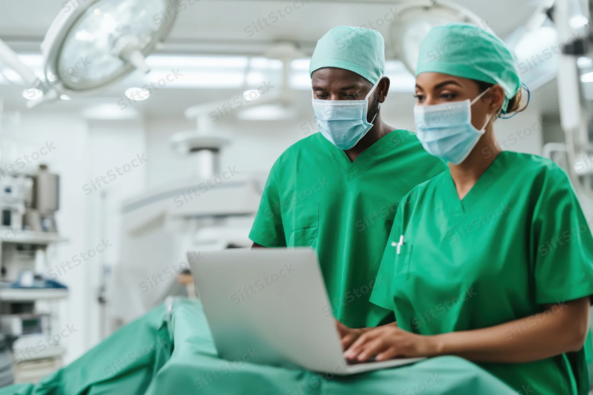 Two surgeons in green scrubs reviewing laptop in operating room