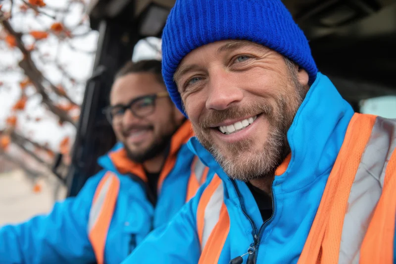 Two men in blue and orange high-visibility jackets smiling while working outdoors