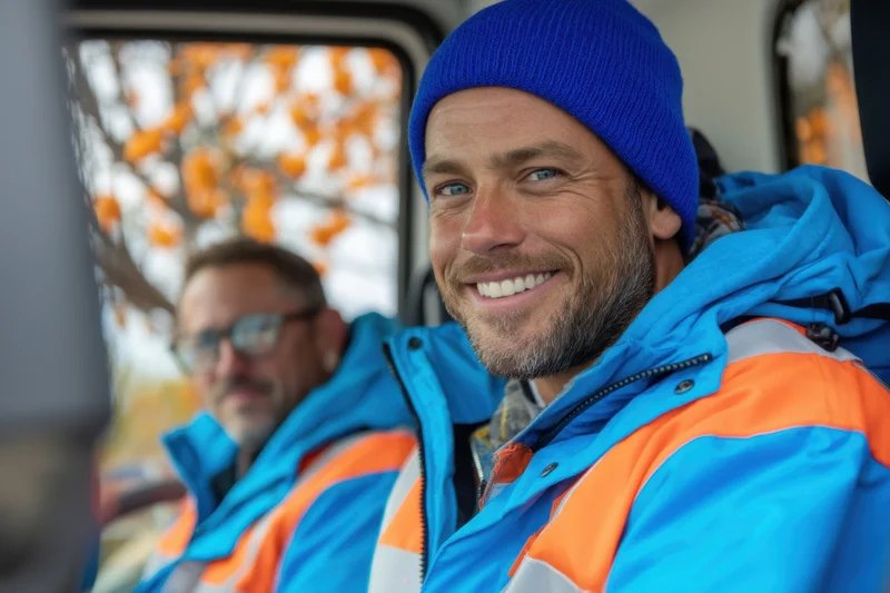 Two men in blue and orange high-visibility jackets smiling inside a vehicle cabin with autumn foliage visible through the window