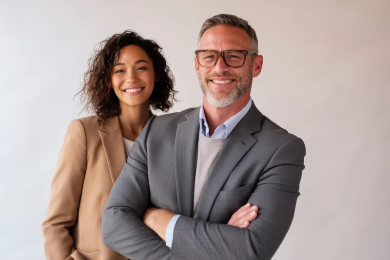 Man and woman in business attire smiling with arms crossed in a minimalist studio
