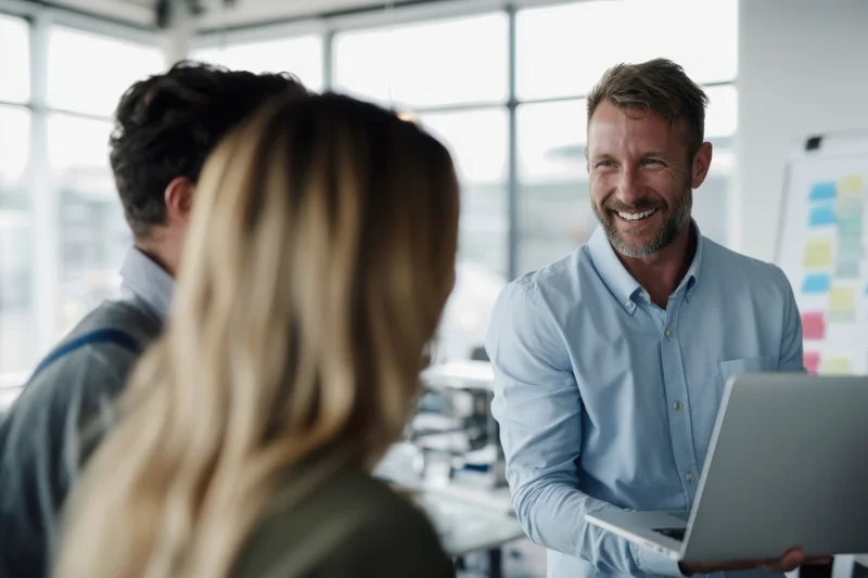 Man smiling while holding laptop during team discussion in bright office with large windows
