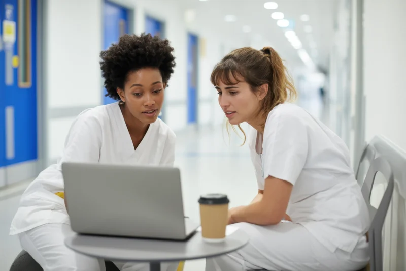 Two nurses in white scrubs discussing information on a laptop while sitting at a table in a hospital corridor