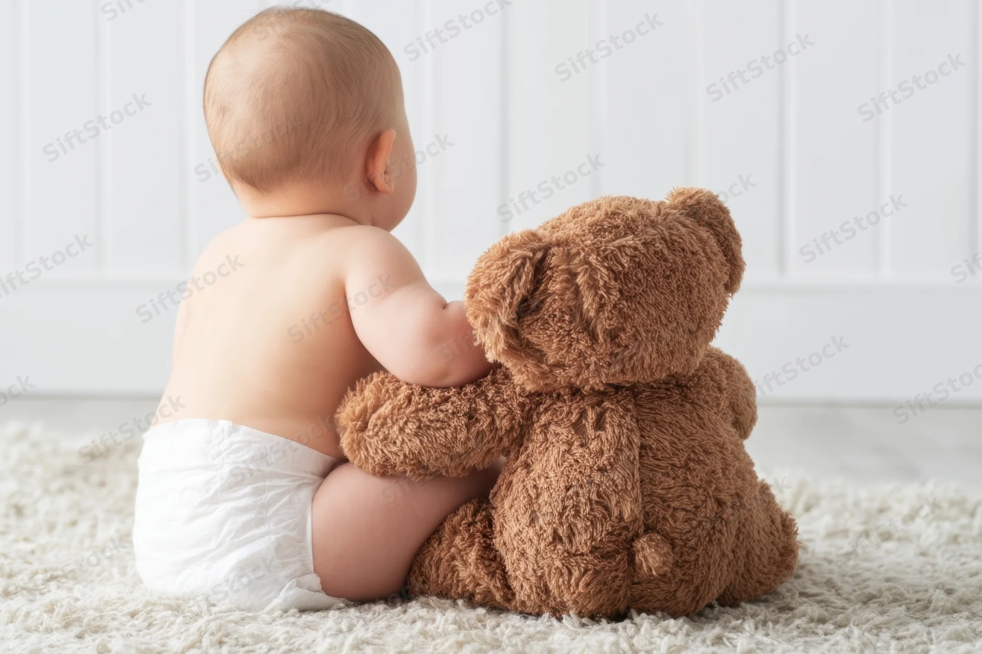 Baby in diaper sitting on light rug cuddling brown teddy bear from behind