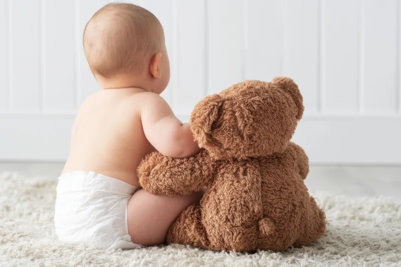 Baby in diaper sitting on light rug cuddling brown teddy bear from behind