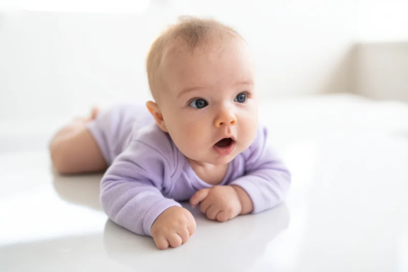 Baby lying on stomach on glossy white surface wearing purple onesie