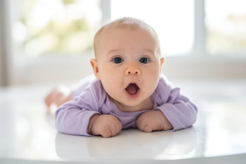 Baby lying on stomach on glossy white surface looking at camera with open mouth
