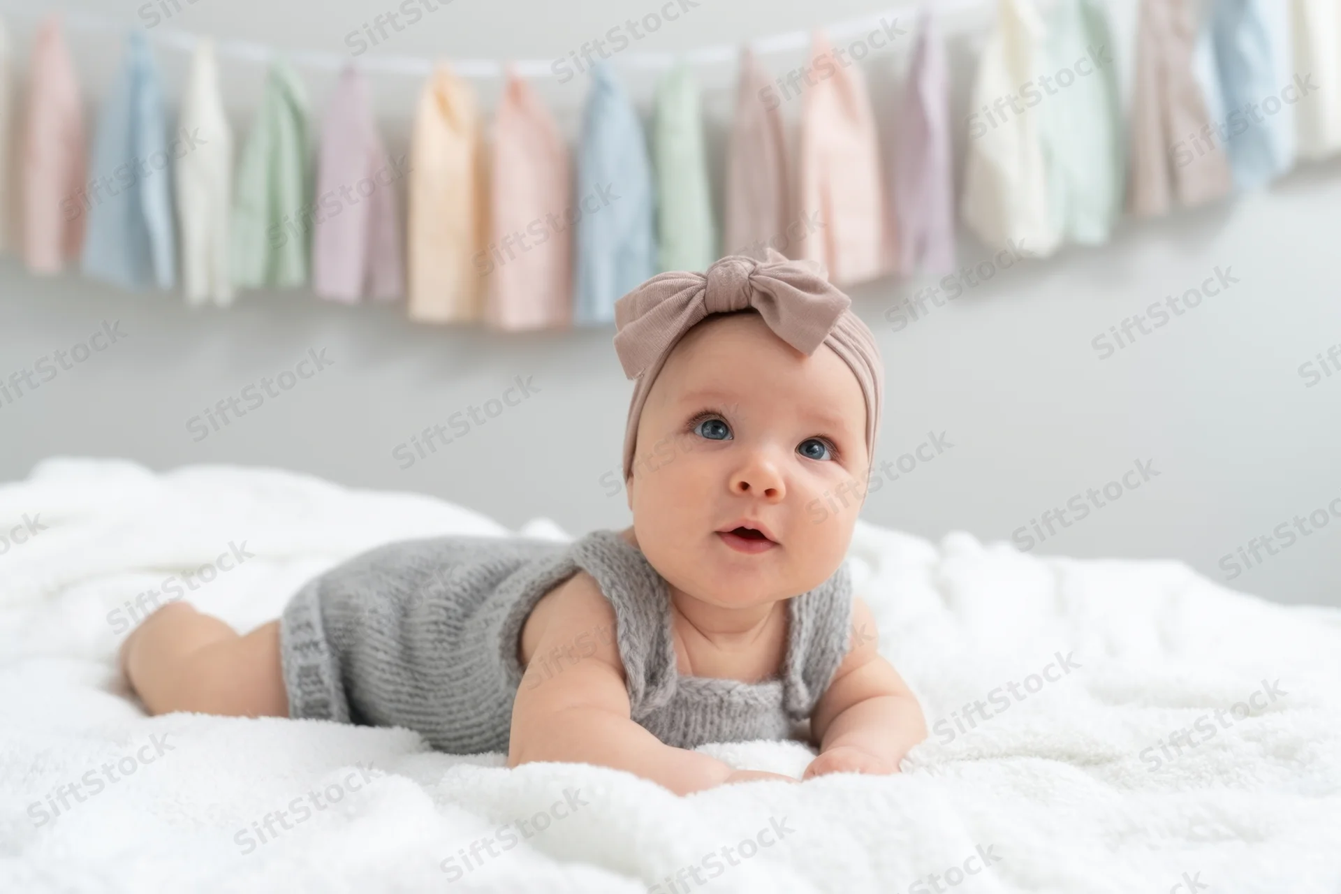Baby lying on tummy on white blanket wearing gray knit overall and headband with bow, pastel garland in background