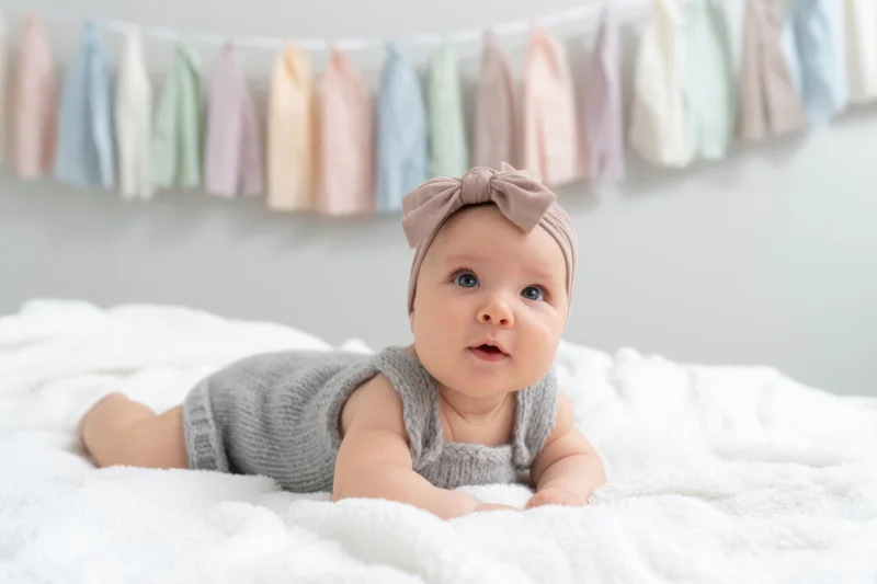 Baby lying on tummy on white blanket wearing gray knit overall and headband with bow, pastel garland in background