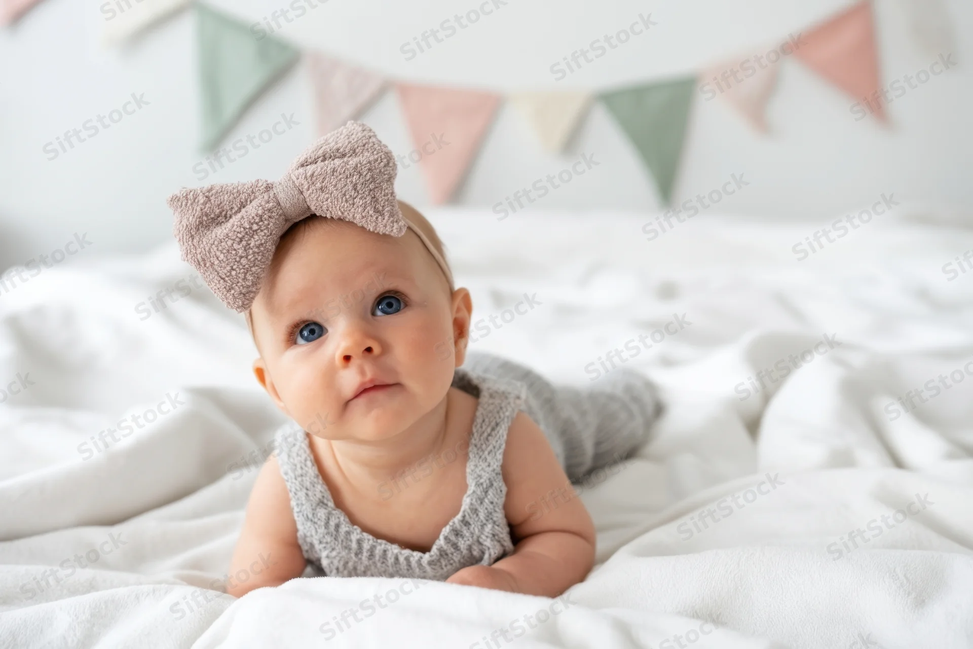 Baby lying on white blanket wearing gray knit overall and bow headband
