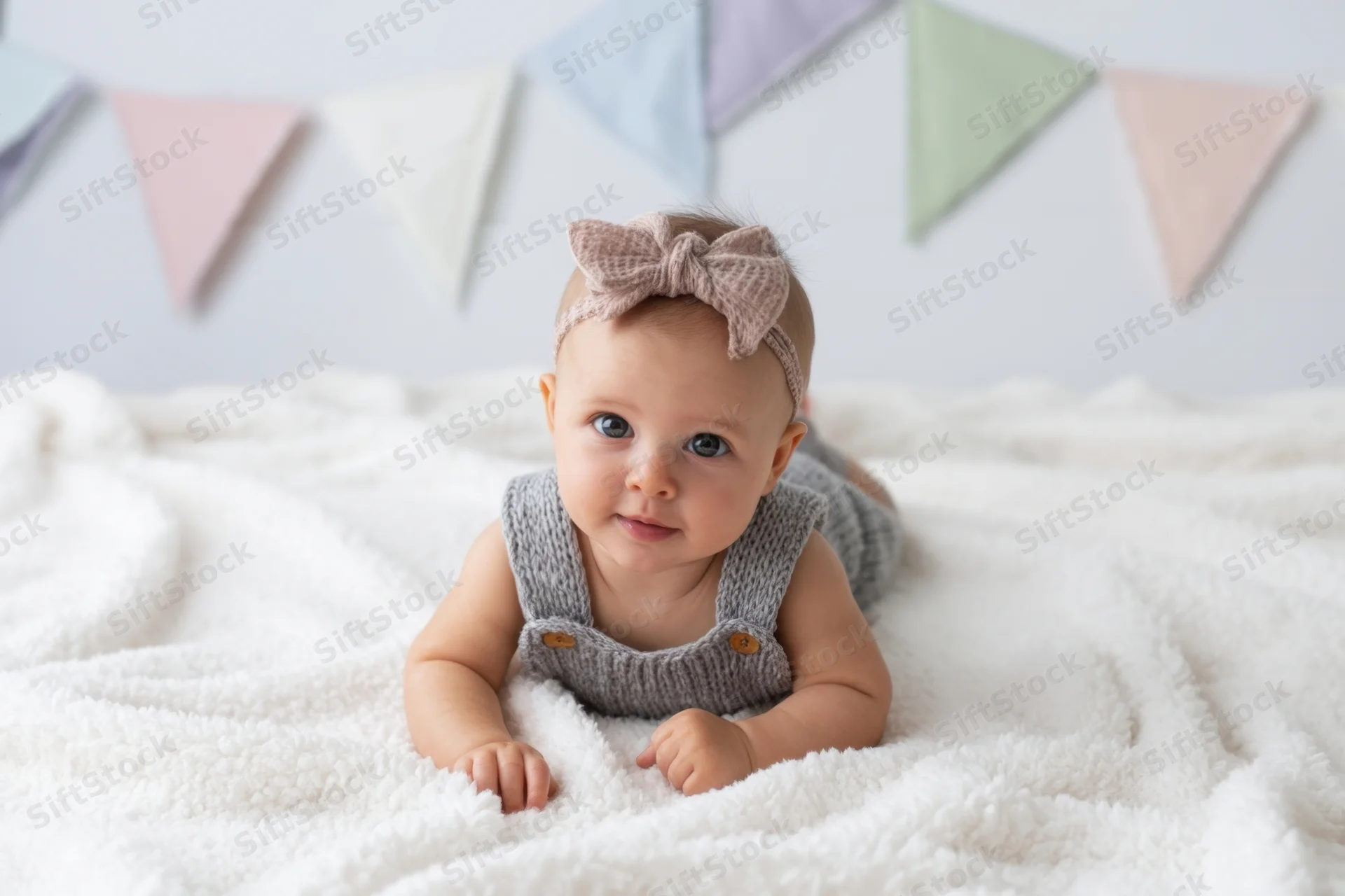 Baby lying on tummy on white blanket wearing gray knit overall with bow headband, pastel bunting in background