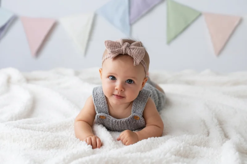 Baby lying on tummy on white blanket wearing gray knit overall with bow headband, pastel bunting in background