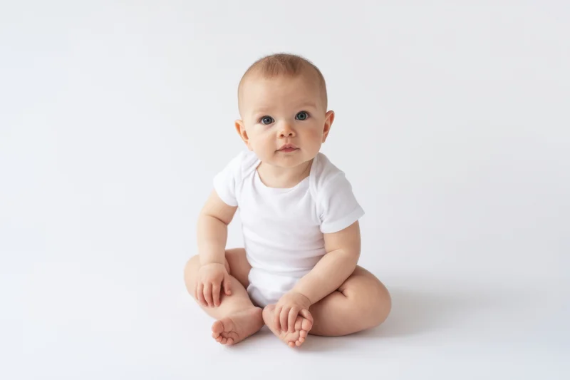 Baby sitting cross-legged on white background wearing white onesie