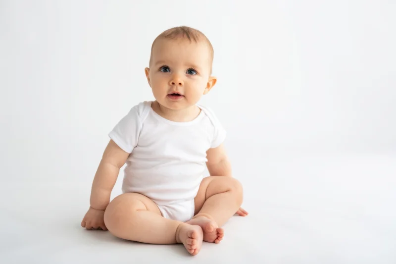 Baby sitting cross-legged on white background wearing white onesie