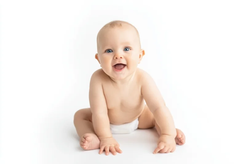 Baby sitting on white studio background smiling with blue eyes wearing diaper