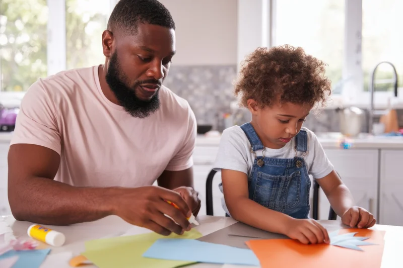 Father and young child crafting with paper and glue at kitchen table