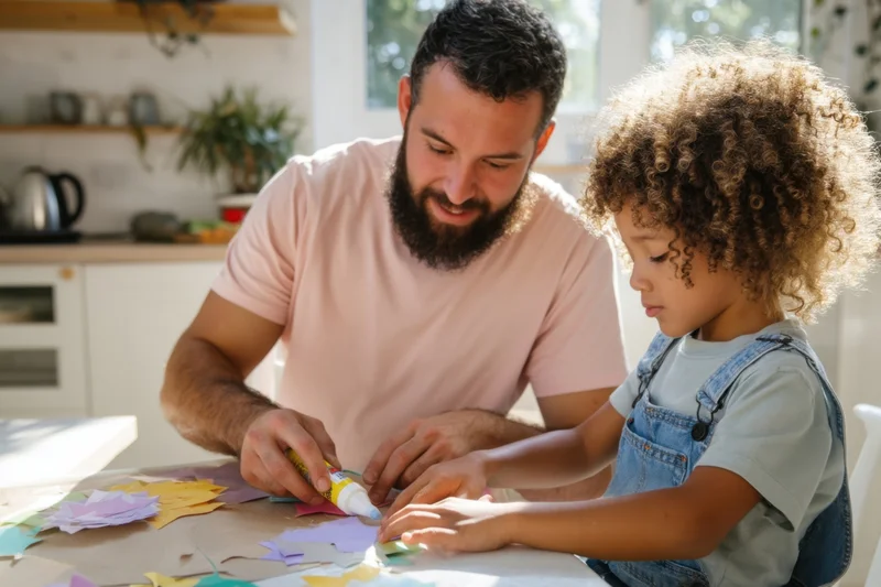 Father and child crafting with glue and paper at kitchen table
