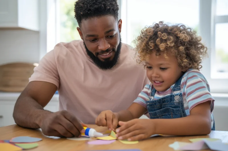 Father and child crafting with glue and paper at kitchen table