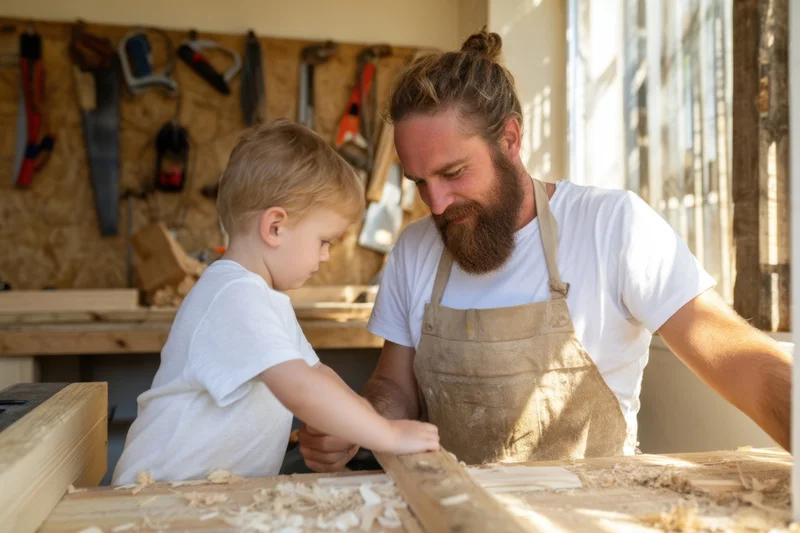 Bearded man in apron teaching young boy woodworking at workbench in workshop