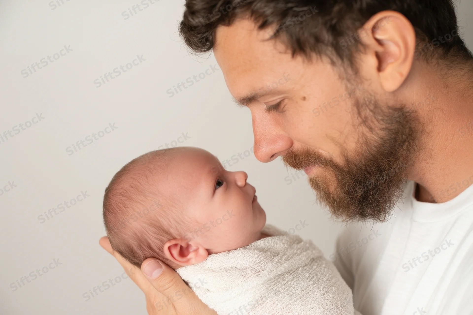 Bearded man cradling newborn baby with noses close in a tender moment