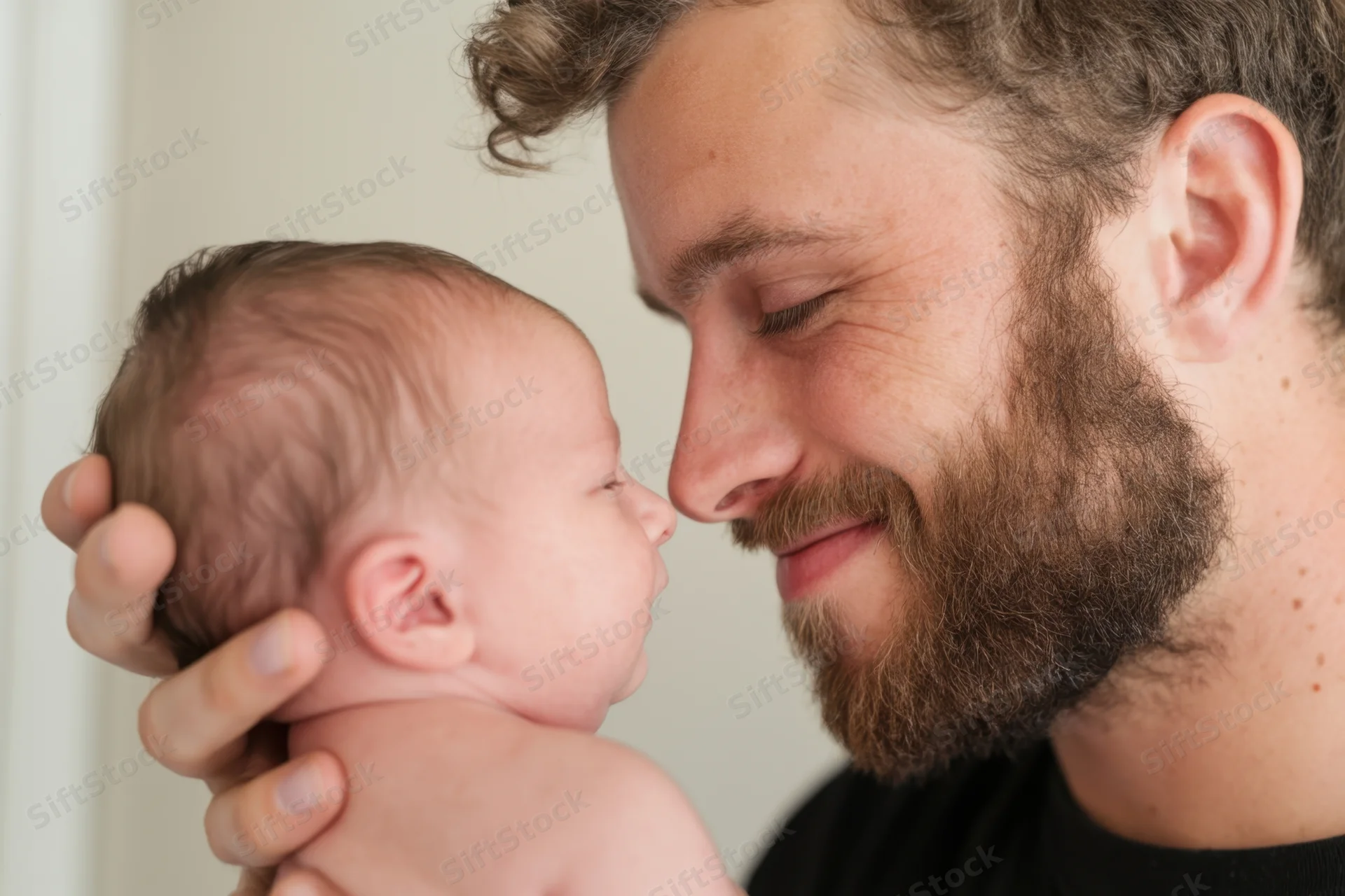 Bearded man holding newborn baby close with noses touching indoors