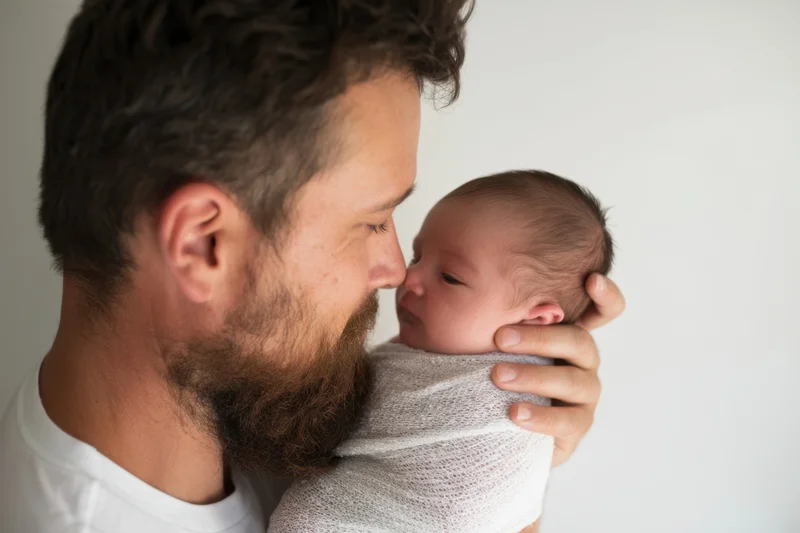 Bearded man cradling newborn baby with noses close in a tender moment indoors