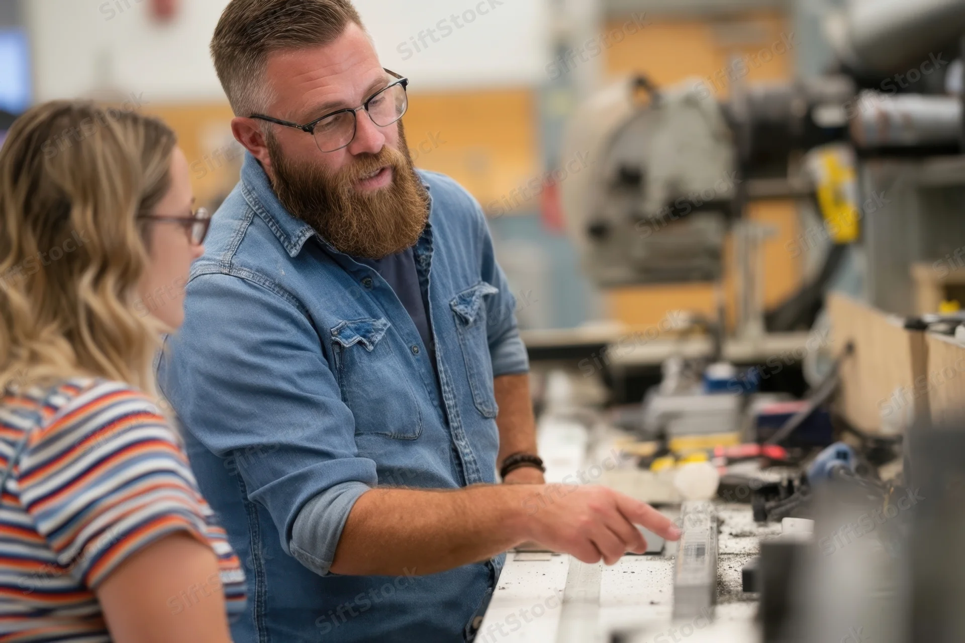 Bearded man in denim shirt pointing at wood project while teaching woman in workshop