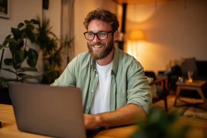 Bearded man smiling while using laptop at wooden table in cozy home office