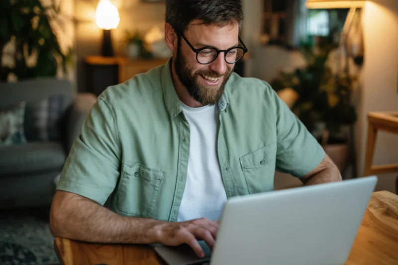 Bearded man smiling while typing on laptop at wooden table in cozy home office
