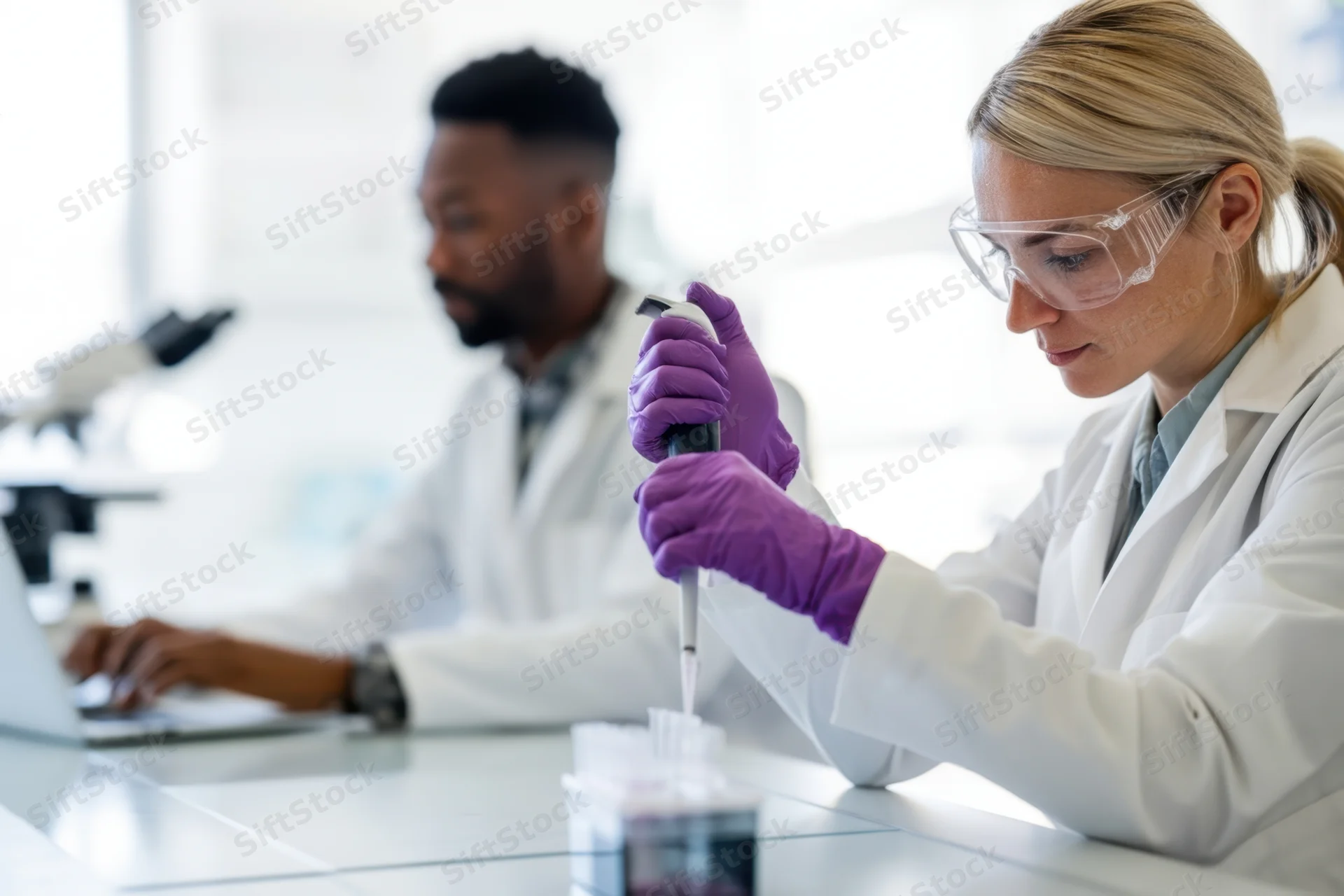 Blonde woman scientist using pipette to transfer liquid into test tubes in laboratory while colleague works on laptop in background