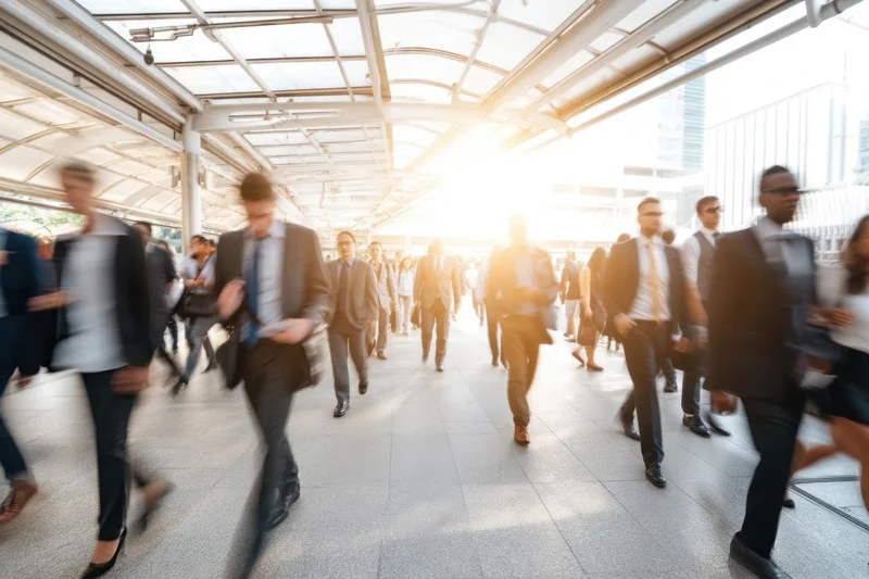 Business professionals walking in motion on a city sidewalk under a glass canopy with sunlight flare