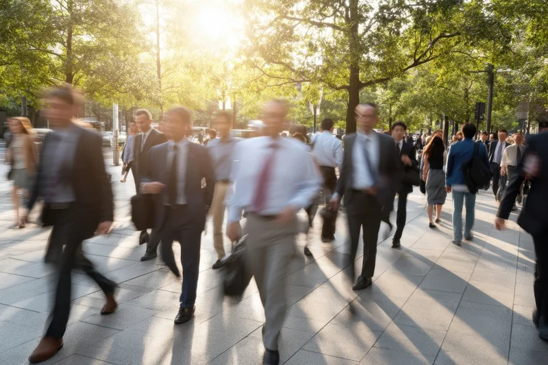 Blurred pedestrians in business attire walking on a city sidewalk during rush hour