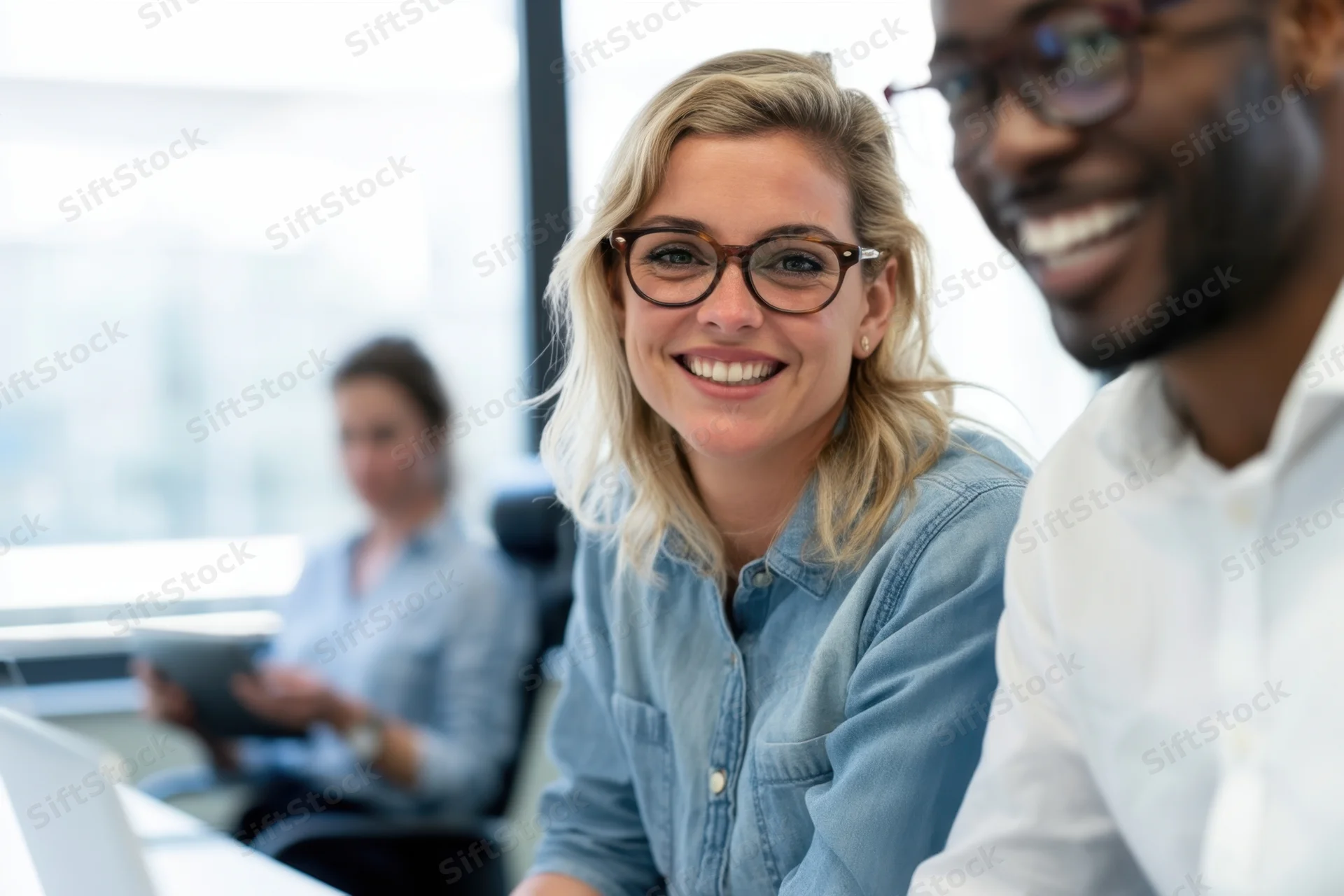 Smiling woman in glasses at office desk with colleagues around laptop