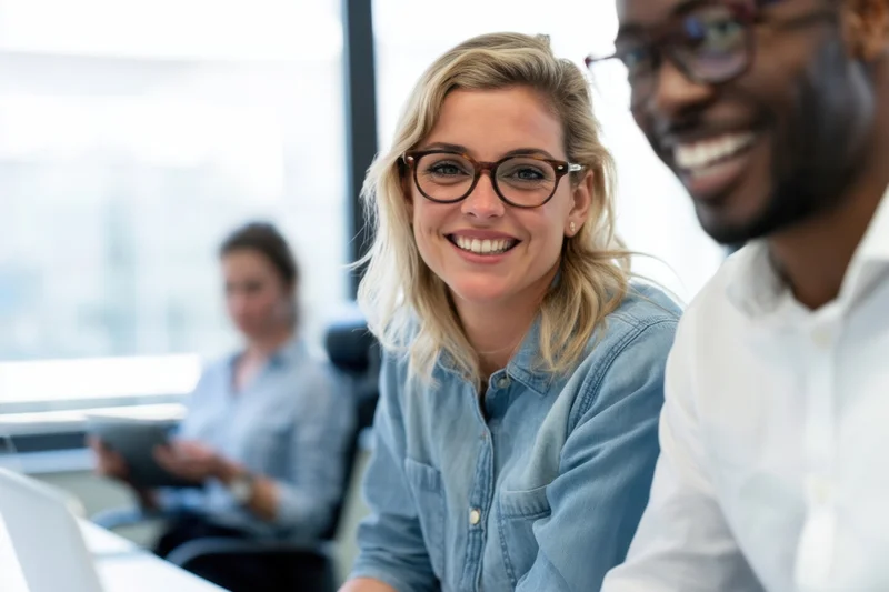 Smiling woman in glasses at office desk with colleagues around laptop