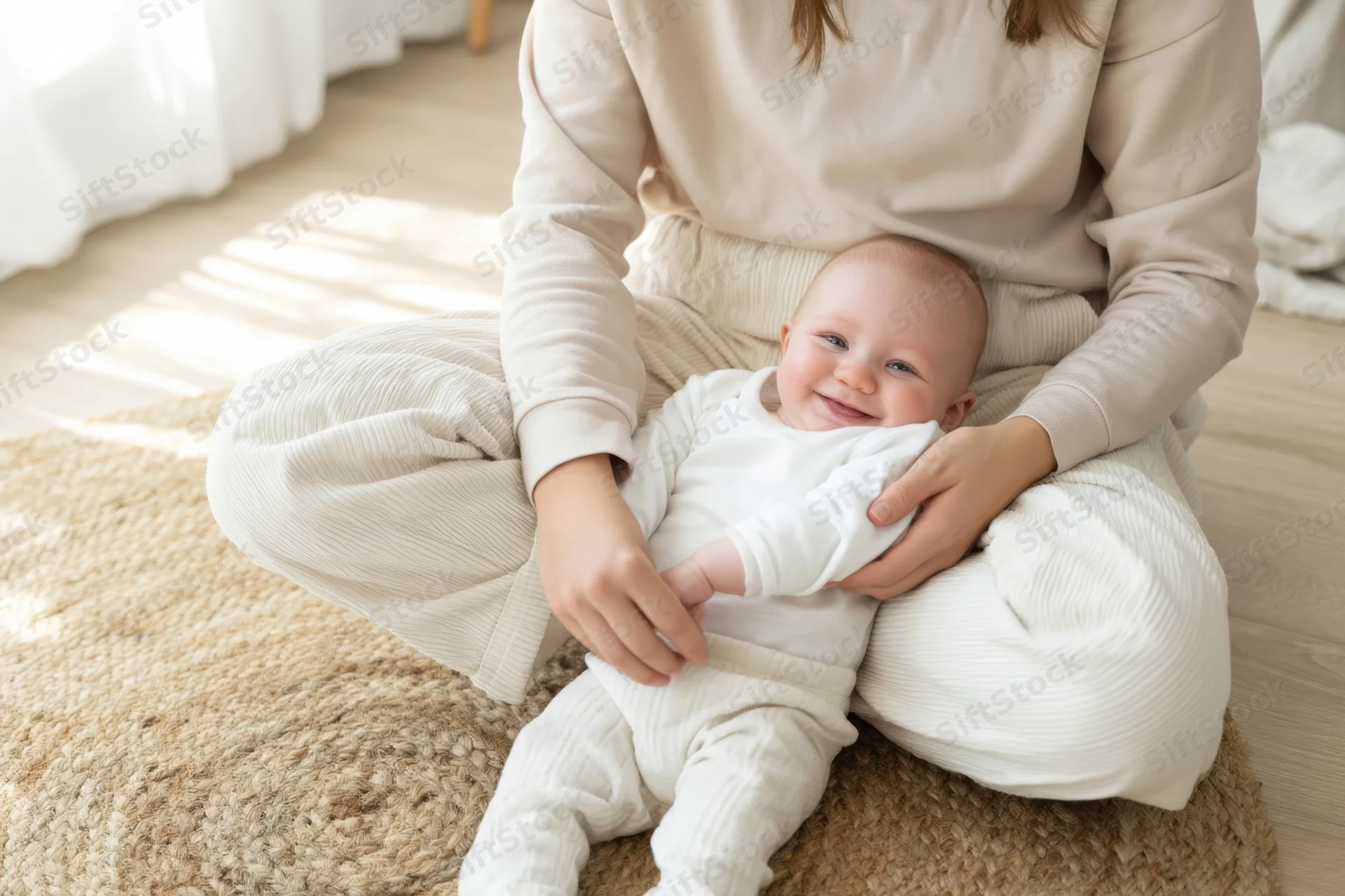 Mother sitting on floor holding smiling baby on her lap in home setting